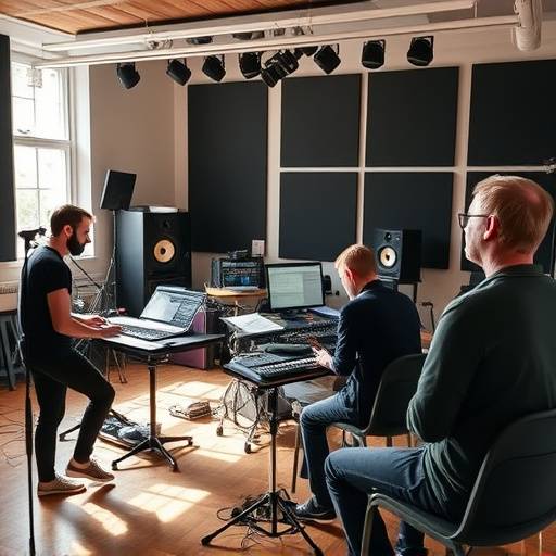 Ansicht des Aufnahmestudios der KlangWerkstatt Zürich während eines Musikproduktionskurses, mit Studenten und Dozenten in Aktion