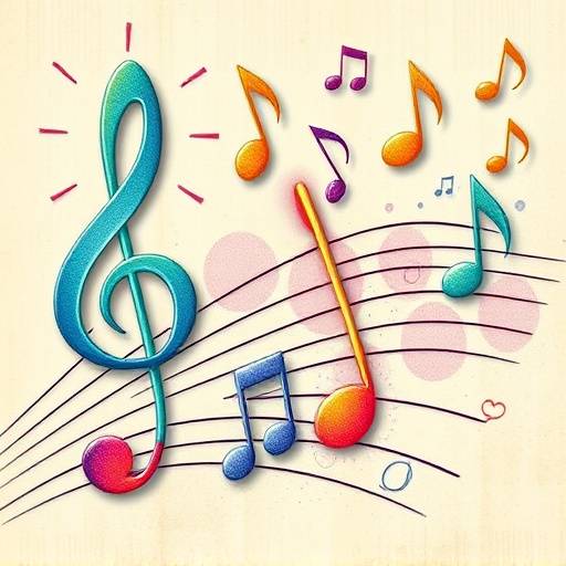 Grafische Darstellung von Noten und musikalischen Symbolen, die die Musiktheorie und Harmonielehre repräsentieren