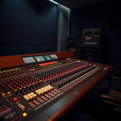 Mischpult in einem professionellen Studio mit verschiedenen Reglern und Anzeigen, die den Mixing- und Mastering-Prozess visualisieren