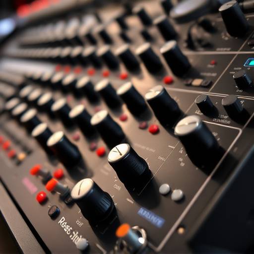 Nahaufnahme eines modularen Synthesizers mit verschiedenen Reglern und Kabeln, die das Sounddesign symbolisieren